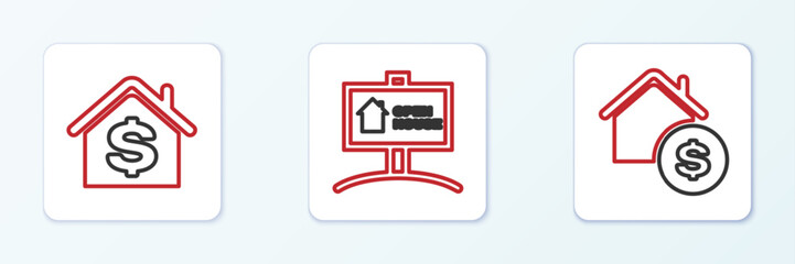 Sticker - Set line House with dollar, and Hanging sign Open house icon. Vector