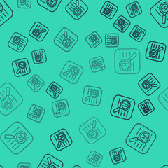 Poster - Black line Translator icon isolated seamless pattern on green background. Foreign language conversation icons in chat speech bubble. Translating concept. Vector