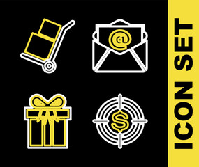 Poster - Set line Mail and e-mail, Target with dollar, Gift box and Hand truck boxes icon. Vector