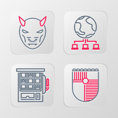 Sticker - Set line Shield for game, Slot machine, Computer network and Mask of the devil with horns icon. Vector