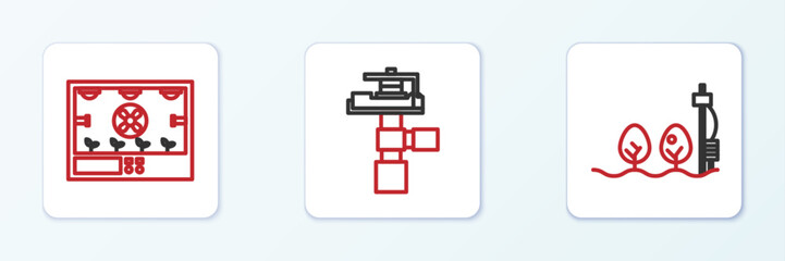 Poster - Set line Standalone sensor and plant, Smart farming technology and Automatic irrigation sprinklers icon. Vector