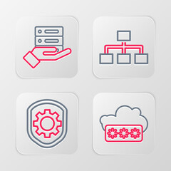 Poster - Set line Password protection, Shield with settings gear, Hierarchy organogram chart and Server, Data, Web Hosting icon. Vector