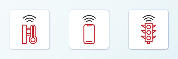 Poster - Set line Smart traffic light, thermometer and Wireless smartphone icon. Vector