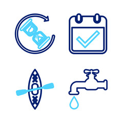 Poster - set line water tap, kayak and paddle, calendar with check mark and waiting icon. vector