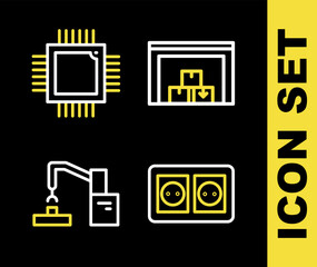 Poster - Set line Warehouse, Electrical outlet, Robotic robot arm hand factory and Processor with microcircuits CPU icon. Vector