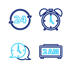 Poster - Set line Digital alarm clock, Clock speech bubble, Alarm and 24 hours icon. Vector