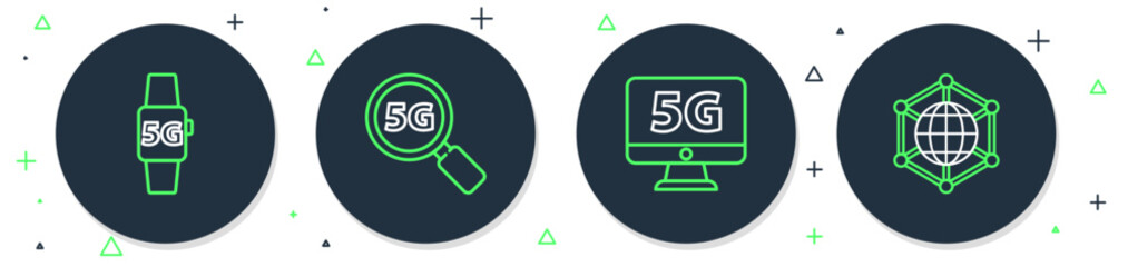 Poster - Set line Search 5G network, Monitor with, Smart watch and Social icon. Vector