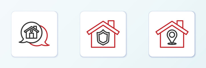 Poster - Set line Location with house, Real estate message and House shield icon. Vector