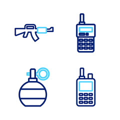 Sticker - Set line Walkie talkie, Hand grenade, and M16A1 rifle icon. Vector