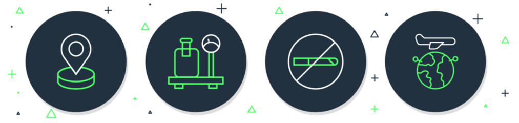 Poster - set line scale with suitcase, no smoking, location and globe flying plane icon. vector
