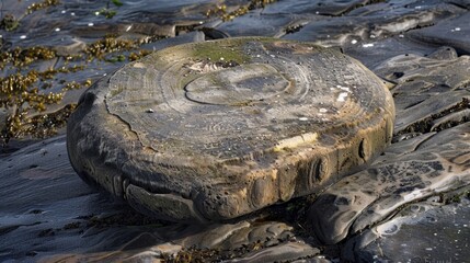 Wall Mural - a timeworn sailing stone with years of movement etched into its surface.