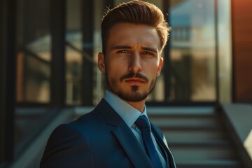 Poster - Stylish young man in a sleek blue suit exudes confidence in a modern city environment