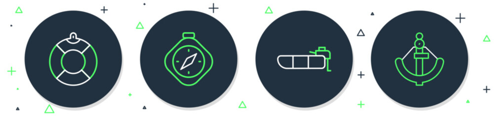 Sticker - Set line Compass, Inflatable boat with motor, Lifebuoy and Anchor icon. Vector