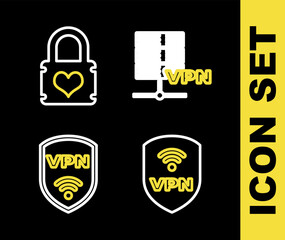Poster - set line server vpn, shield with wireless, and padlock heart icon. vector