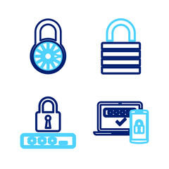 Poster - set line two steps authentication, password protection, lock and safe combination lock wheel icon. v