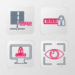 Poster - Set line Eye scan, Monitor with password, Password protection and Server VPN icon. Vector