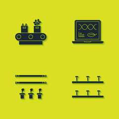 Poster - Set Conveyor belt with box, Automatic irrigation sprinklers, Smart farm bulb and plant and Genetic engineering modification icon. Vector