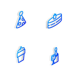 Sticker - Set Isometric line Cake with burning candles, Party hat, Ice cream waffle cone and Champagne bottle icon. Vector