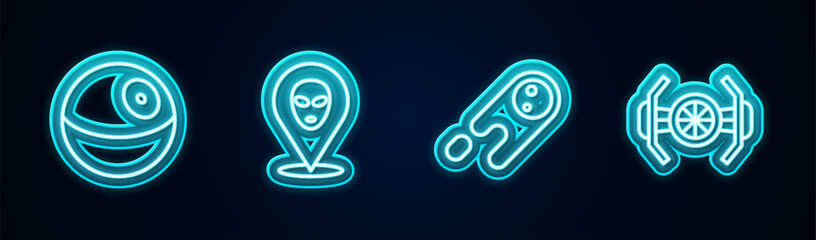 Poster - Set line Planet, Alien, Comet falling down fast and Cosmic ship. Glowing neon icon. Vector