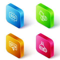 Poster - Set Isometric line Money prize in casino, Game dice, Slot machine spin button and bag icon. Vector