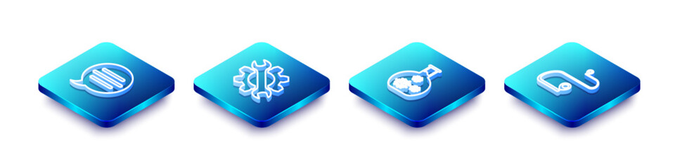 Poster - Set Isometric line Speech bubble chat, Wrench and gear, Test tube with virus and Route location icon. Vector