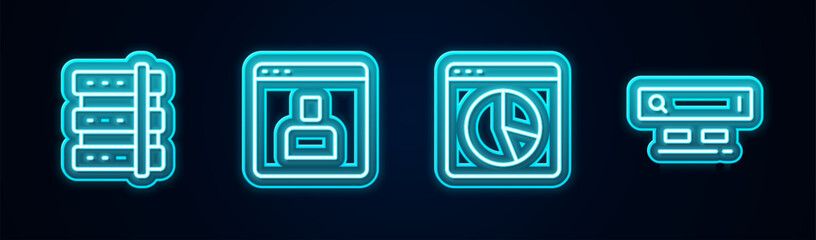 Poster - Set line Server, Create account screen, Graph chart infographic and Search engine. Glowing neon icon. Vector