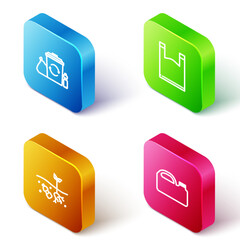 Poster - set isometric line recycle bin with recycle, plastic bag, problem of pollution planet and canister f