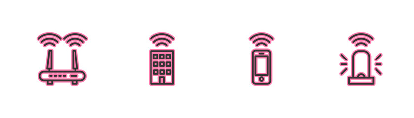 Sticker - Set line Router and wi-fi signal, Wireless smartphone, Smart home with wireless and flasher siren icon. Vector