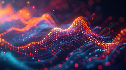 Abstract image showcasing wave network technology with digital lighting dots graphics highlighting global connectivity and advancement.