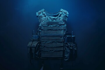 Isolated tactical vest with pouches displayed against a moody, dark blue backdrop
