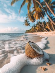 Wall Mural - Coconuts on a sandy beach with palm trees and ocean in the background. Tropical beach poster, wallpaper, banner with copy space. 