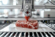 © 18042011 - A close-up of a 3D printer in action, producing synthetic meat. The printer nozzle deposits layers of bio-ink to form a piece of meat on a flat surface.