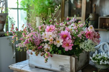 Sticker - Picturesque wooden box filled with fresh, colorful flowers on a vintage table