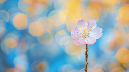 Wall Mural - Single cherry blossom in full bloom with soft bokeh background