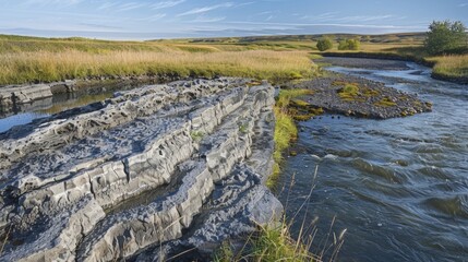 Wall Mural - a shallow river flowing over a bed of columnar basalt the water rushing between the uniform formatio