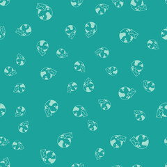Poster - Green Earth globe with mail and e-mail icon isolated seamless pattern on green background. Envelope symbol e-mail. Email message sign. Vector