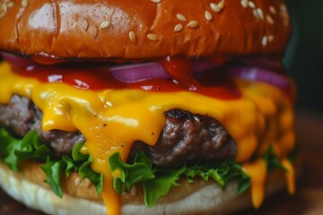 Sticker - Close-up of a mouthwatering, juicy cheeseburger with a perfectly grilled beef patty, melted american cheese, fresh lettuce, tomato, onion, and pickles, all sandwiched between a sesame seed bun