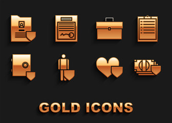 Poster - Set Life insurance with shield, Clipboard checklist, Money, Heart, Safe, Briefcase, Document and Filled form icon. Vector
