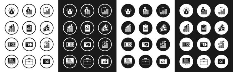 Sticker - Set Briefcase and coin, Clipboard with graph chart, Rocket flying up on coins growth, Money bag, Stacks paper money cash, Target symbol and Safe icon. Vector