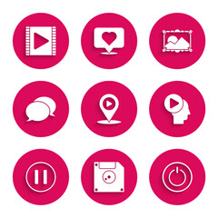 Poster - Set Digital media play with location, Floppy disk for computer data storage, Power button, Head people, Pause, Speech bubble chat, Picture landscape and Play Video icon. Vector
