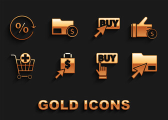 Sticker - Set Shoping bag and dollar, Hand holding coin, Cursor click document folder, Buy button, Add Shopping cart, Discount percent tag and Envelope with icon. Vector