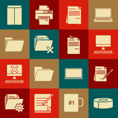 Poster - Set Scotch, Blank notebook and pencil with eraser, Computer monitor keyboard, File document, Delete folder, Document, Envelope and Note paper pinned pushbutton icon. Vector