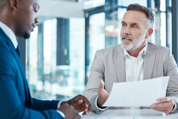 Poster - Business people, meeting discussion and paperwork for collaboration with partnership and planning strategy in office. Corporate men, contract and talking for hiring and onboarding with job interview