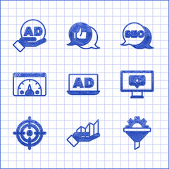 Poster - Set Advertising, Pie chart infographic, Sales funnel with gear, Monitor star, Target, Website statistic, SEO optimization and icon. Vector