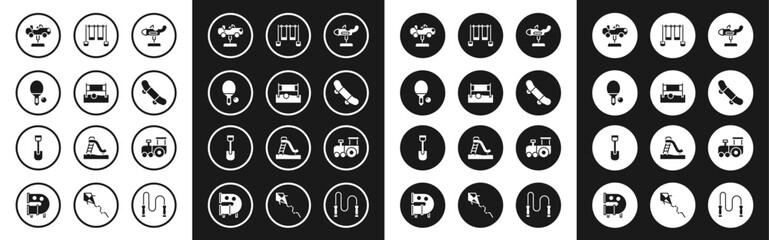 Poster - Set Swing plane, Volleyball net with ball, Racket and, car, Skateboard trick, Double swing, Toy train and Shovel toy icon. Vector