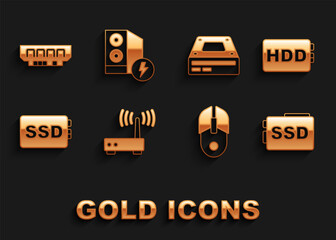 Poster - Set Router and wi-fi signal, Hard disk drive HDD, SSD card, Computer mouse, Optical disc, RAM, random access memory and Case of computer icon. Vector