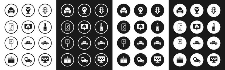 Poster - Set Traffic light, Location with taxi, City map navigation, Taxi car, Car key remote, and Parking icon. Vector