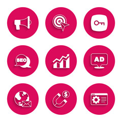 Poster - Set Financial growth increase, Magnet with money, Browser setting, Advertising, Earth globe mail, SEO optimization, Key and Megaphone icon. Vector