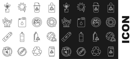 Wall Mural - Set line Can with recycle symbol and can, Solar energy panel, Recycle bin, Canister for gasoline, Sprout hand of environmental protection, Plant bottle and No trash icon. Vector