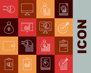 Poster - Set line Target with graph chart, Document, Money bag and diagram, Board, Pie infographic and Computer monitor icon. Vector